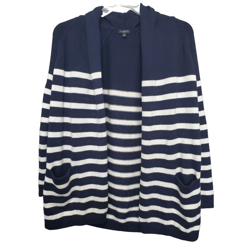 Talbots Petite Cotton/Cashmere Blend Navy Striped Open Front Cardigan Size LP